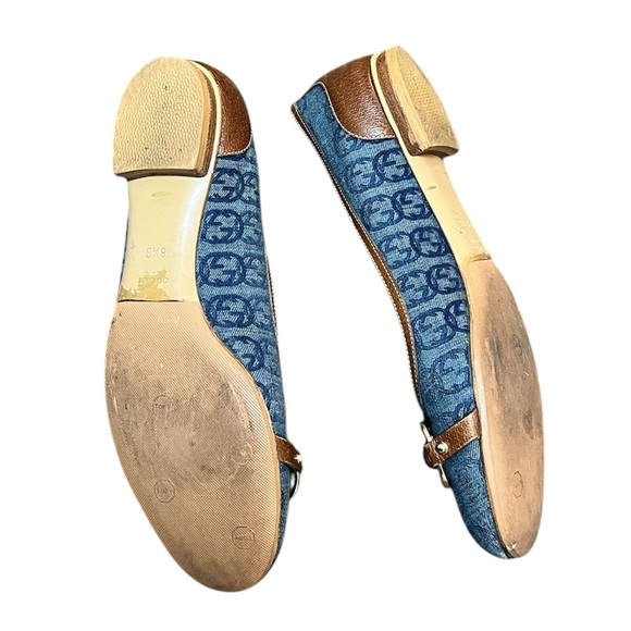 Gucci Woman Size 8.5 Blue Denim Canvas Flat Shoes Monogram Logo Leather Slip On - Picture 2 of 6